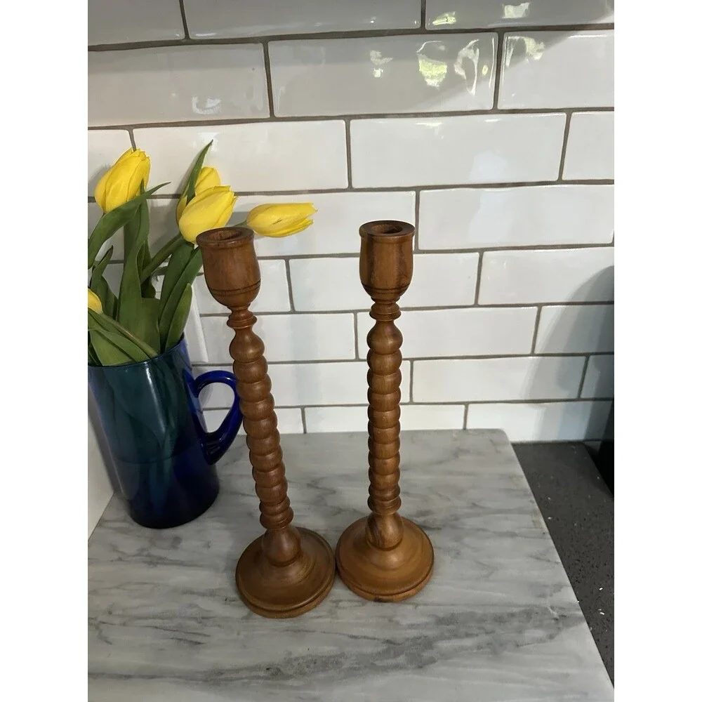 Vintage Wood Turned  Victorian Style Spindle Candlestick Holders Set 2 Indonesia